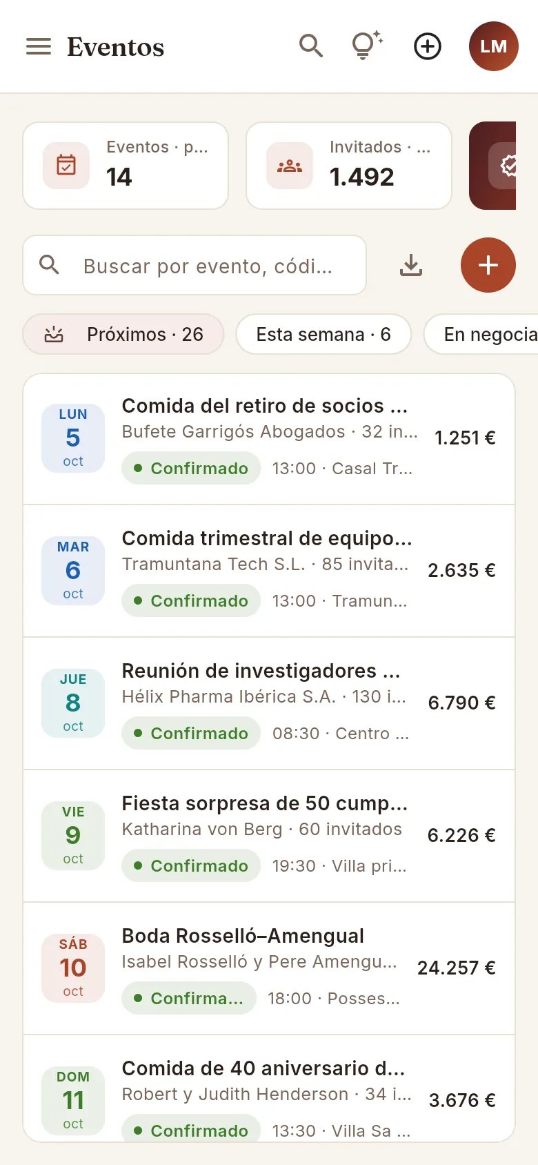 La lista de eventos en el móvil.