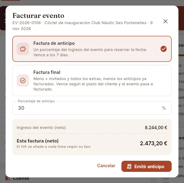 Facturar evento con «Factura de anticipo»: un porcentaje del ingreso del evento.