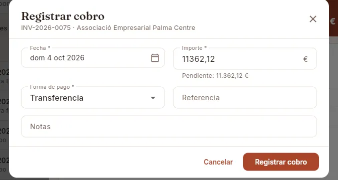 Registrar cobro: el importe propone lo pendiente.