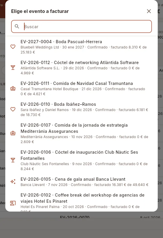 Elige el evento a facturar.