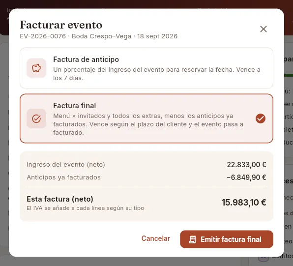 Factura final de un evento que ya tiene un anticipo: Mise lo descuenta.