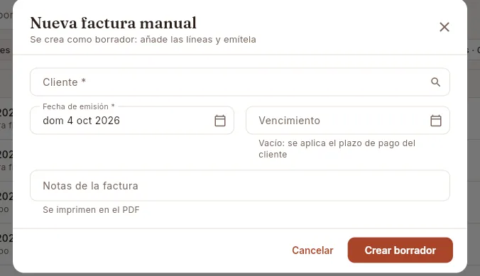 Nueva factura manual: se crea como borrador y después le añades las líneas.