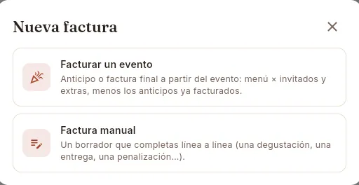 Nueva factura: de un evento o manual.