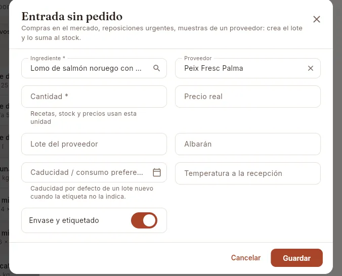 Entrada sin pedido desde la ficha del ingrediente (no se guarda hasta pulsar Guardar).