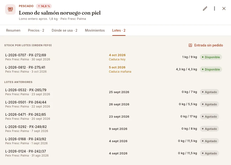 Los lotes del lomo de salmón: el stock repartido por lotes, en orden FEFO.
