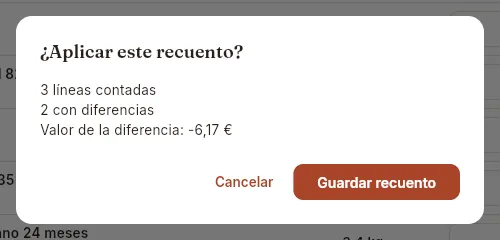 La confirmación antes de aplicar el recuento.