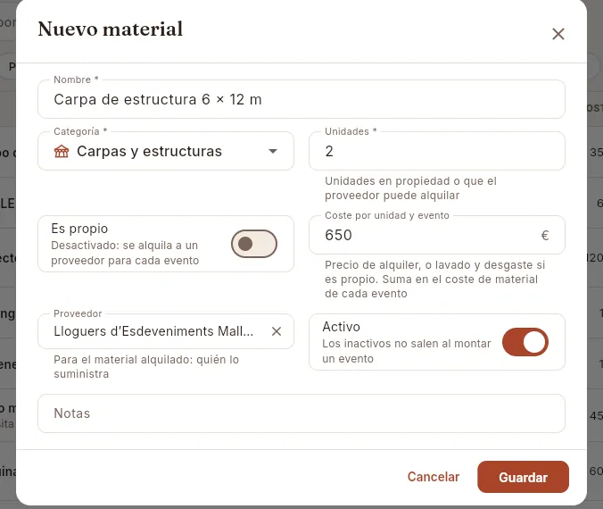 El alta de un artículo alquilado, rellena y a punto de guardar.