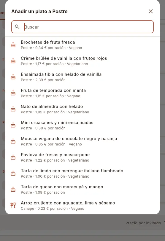 Añadir un plato a Postre: primero salen los postres.