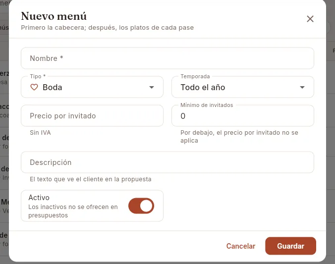 El formulario Nuevo menú: primero la cabecera; los platos se añaden después, en su ficha.