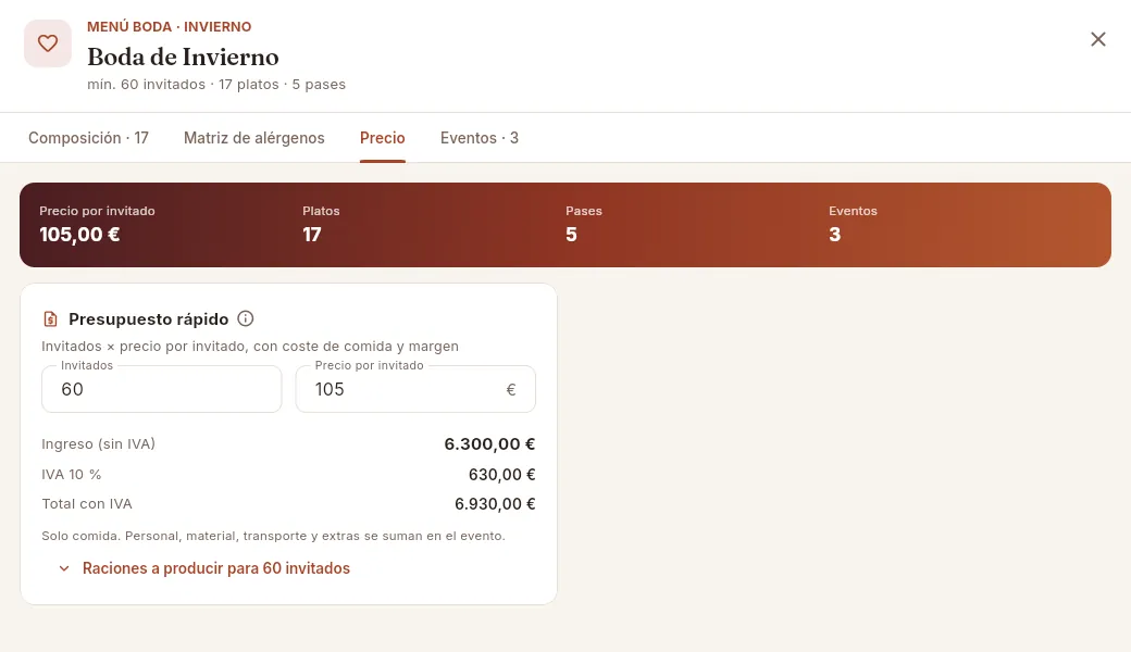La pestaña Precio vista con el perfil Comercial y eventos: solo el presupuesto rápido, sin costes.
