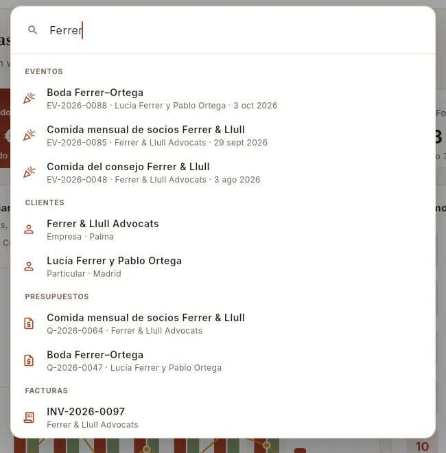 Búsqueda de «Ferrer»: eventos, clientes, presupuestos y facturas, agrupados.