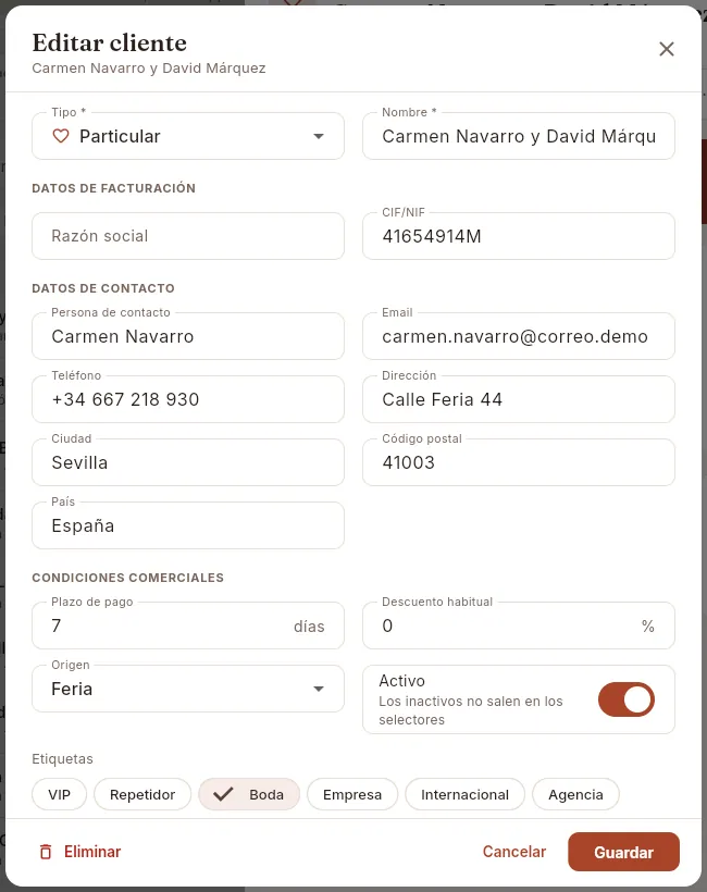 El formulario para editar un cliente.