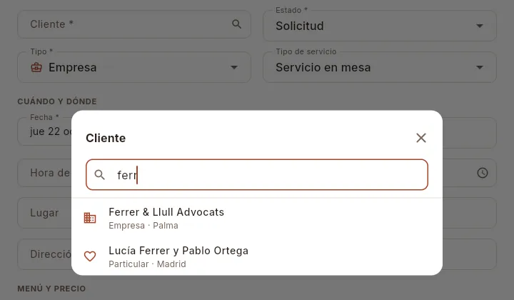 Elegir un cliente desde el formulario de un evento.