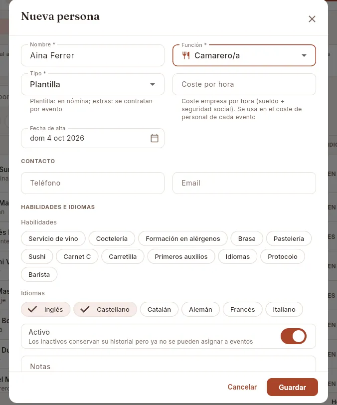 El formulario de alta de una persona, a medio rellenar.