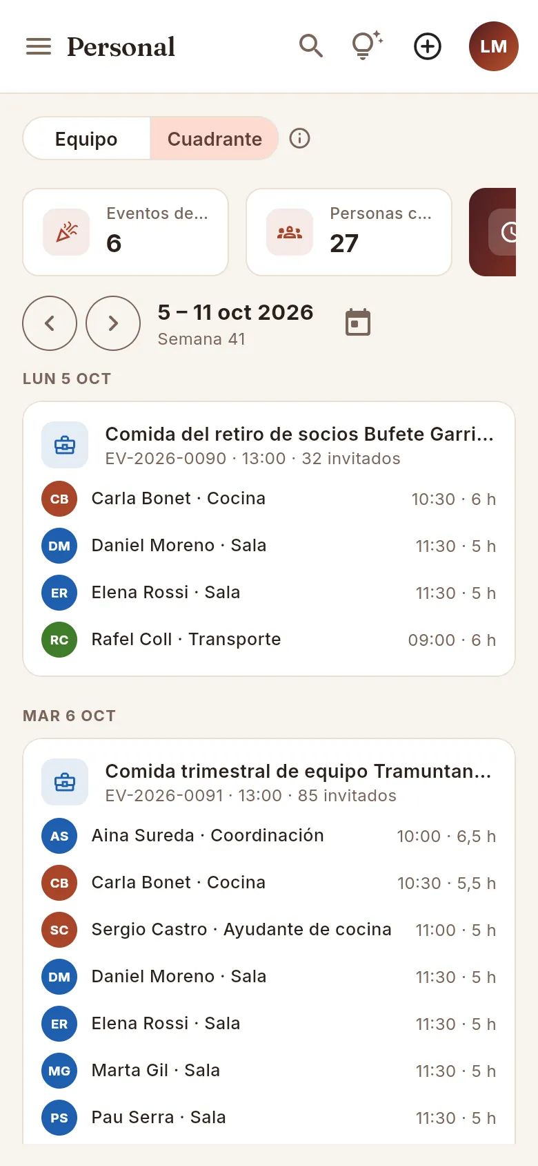 El cuadrante en el móvil: la semana como agenda, día a día.