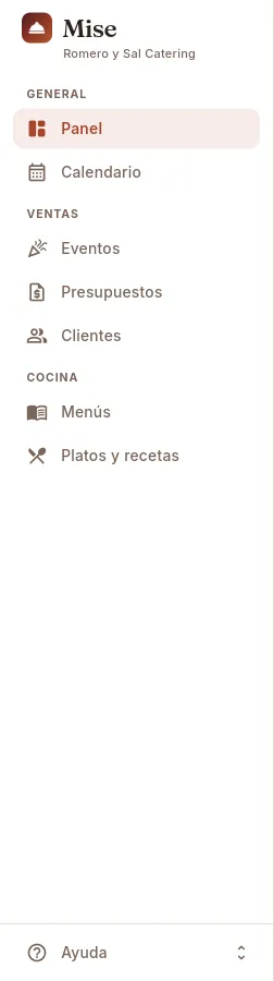 El menú del perfil Comercial y eventos.
