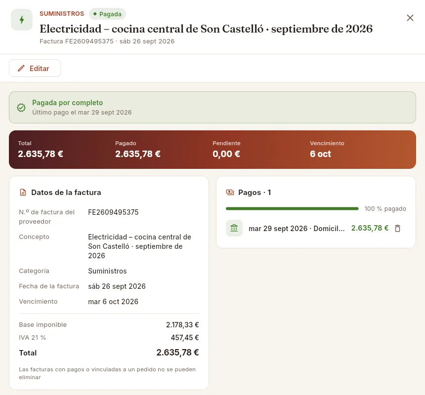 Un gasto sin proveedor (la luz), ya pagado por domiciliación.