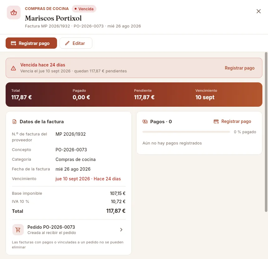 Una factura de compras vencida: viene de un pedido recibido.