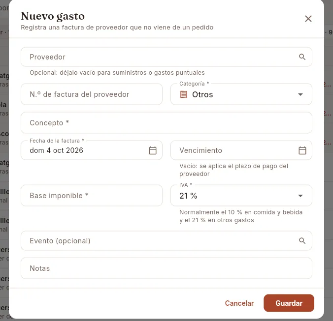 Nuevo gasto: una factura de proveedor que no viene de un pedido.