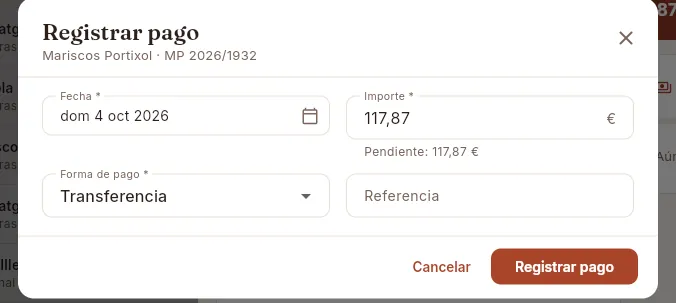 Registrar pago: propone todo lo pendiente.