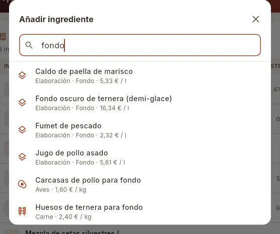 El buscador de Añadir ingrediente, con «fondo» escrito.