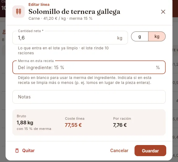 Editar línea: la línea del solomillo, con el cálculo en vivo.
