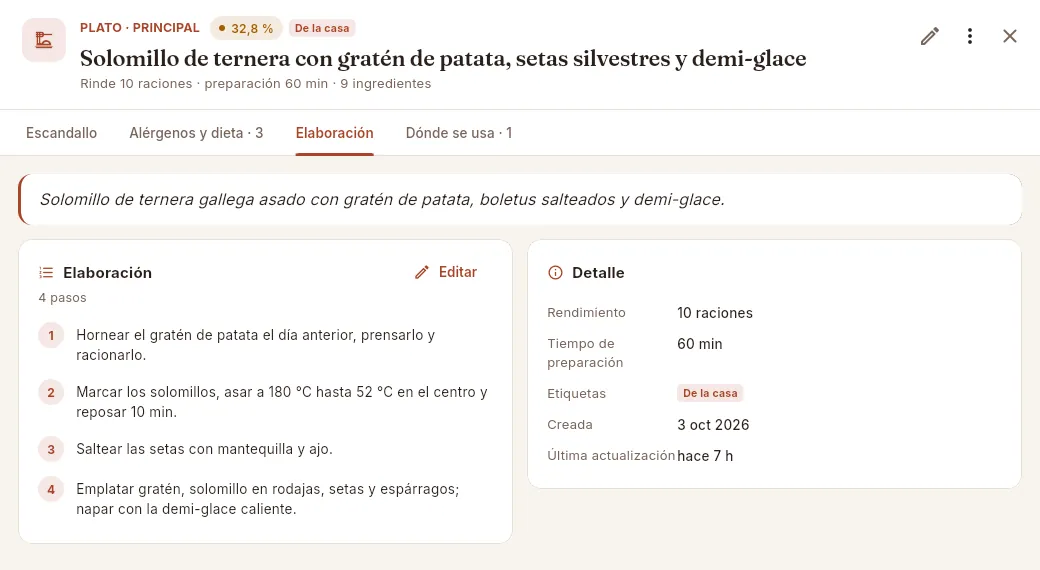 La pestaña Elaboración: la descripción, los pasos y los datos del plato.