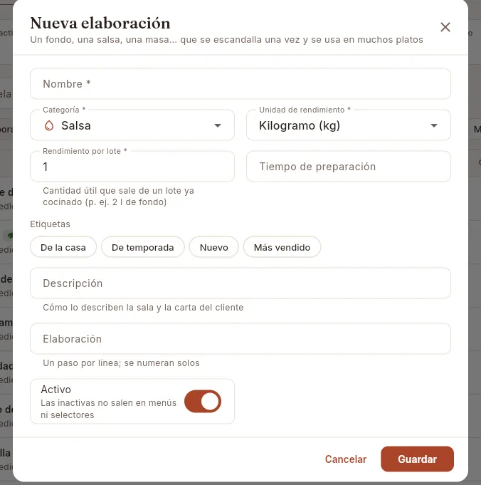 El formulario Nueva elaboración.