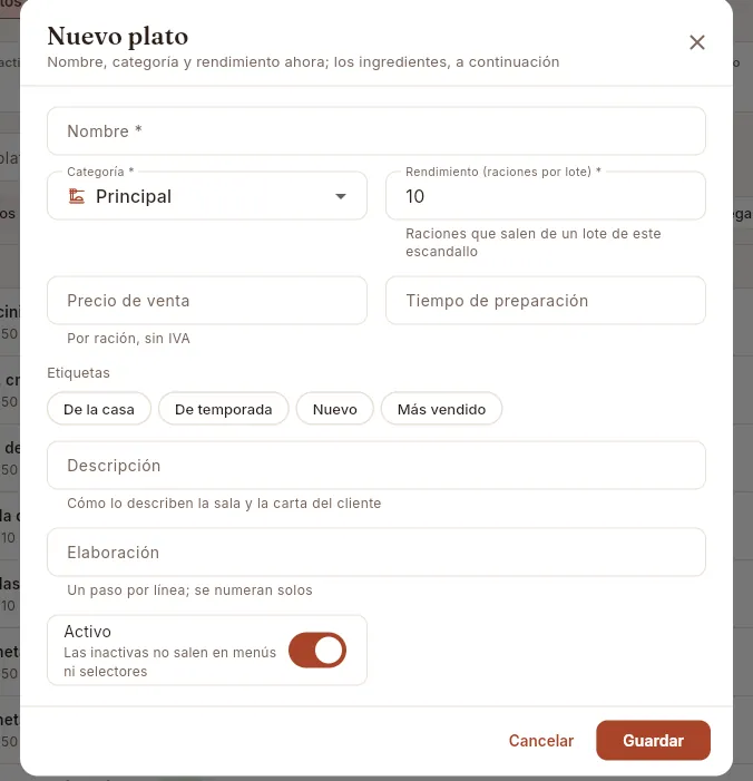 El formulario Nuevo plato.