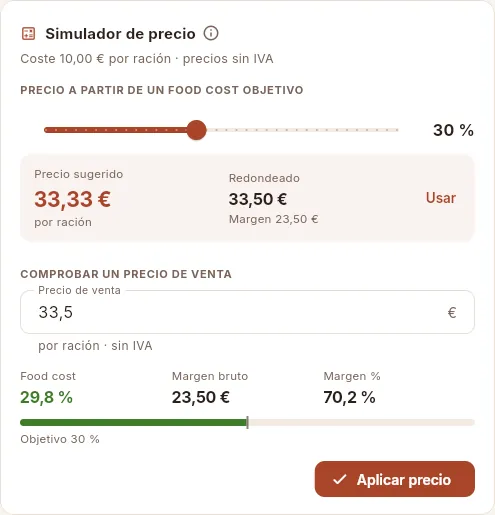 El simulador de precio del solomillo, tras pulsar «Usar» (el precio no se guarda hasta pulsar «Aplicar precio»).
