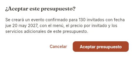 Confirmar la aceptación de un presupuesto sin evento.