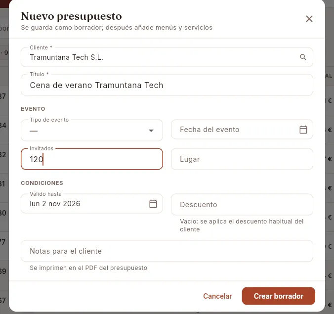 El formulario «Nuevo presupuesto», a medio rellenar (no se guarda).