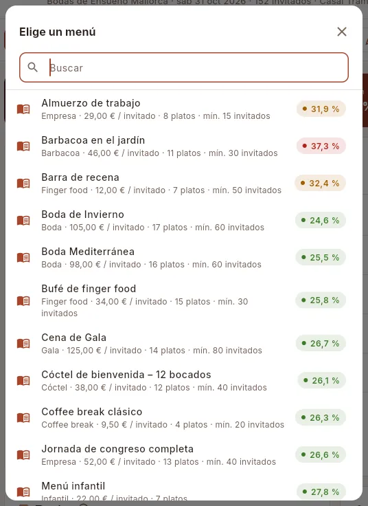 «Añadir menú»: los menús activos con su precio y su food cost.