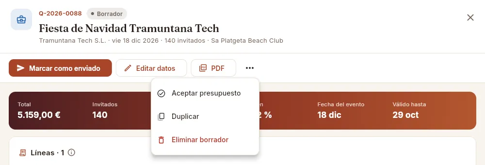 Un borrador, con el menú «Más opciones» abierto.