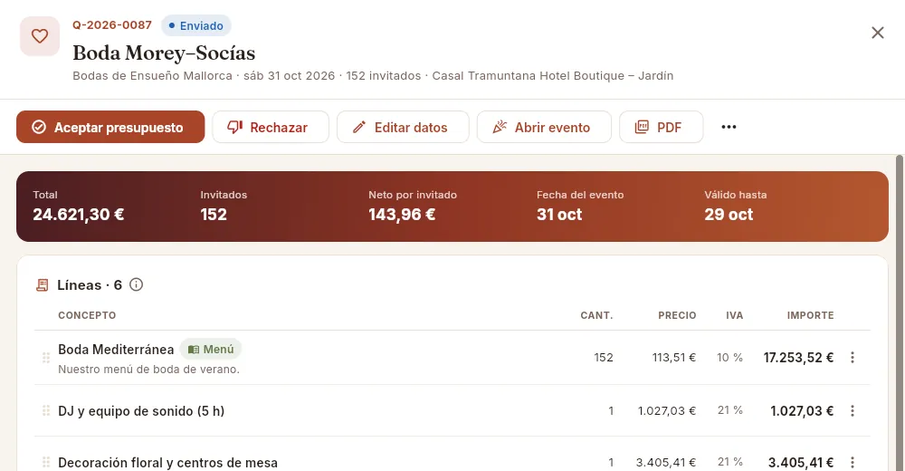 El mismo presupuesto visto por el perfil «Comercial y eventos»: sin costes ni márgenes.