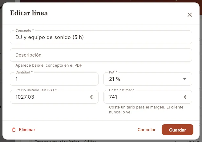 Editar una línea de servicio (aquí, el DJ). No se guarda.