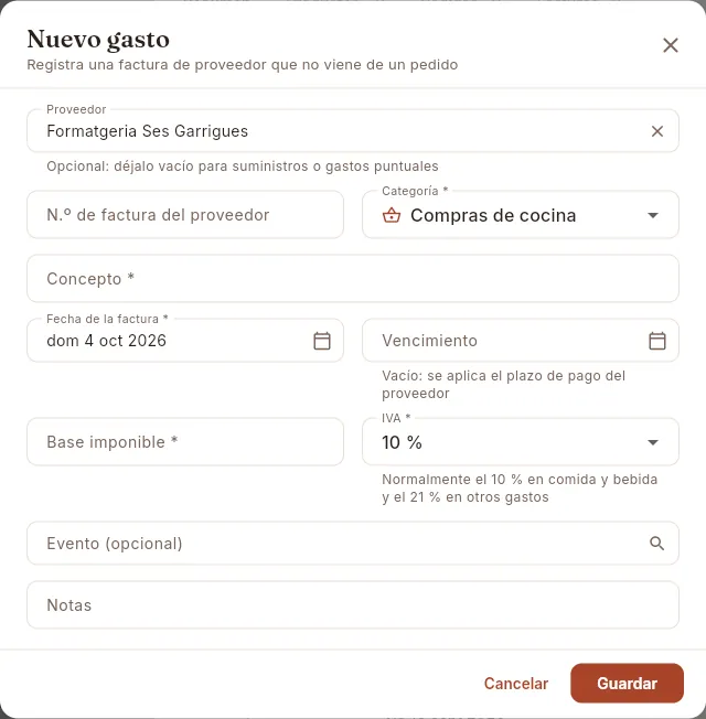Nueva factura de proveedor desde su ficha: se registra como gasto en Pagos.
