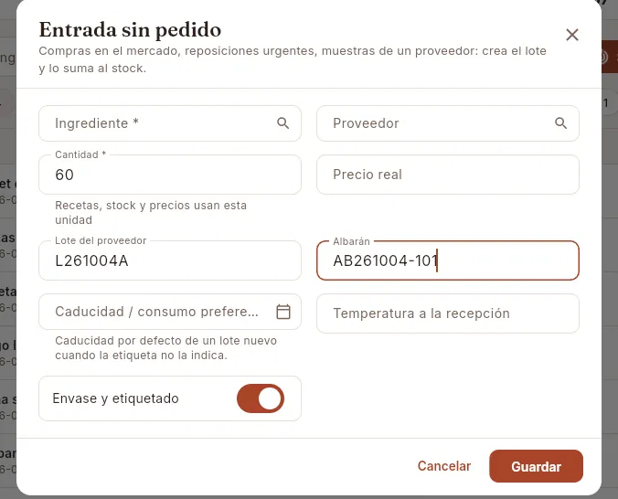 El formulario de entrada sin pedido, a medio rellenar (sin guardar).
