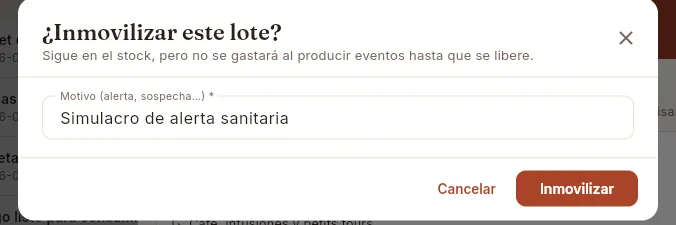 Inmovilizar un lote: el motivo viene escrito cuando se hace desde un simulacro de alerta.