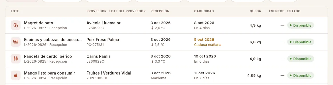 Las columnas de la lista de lotes.
