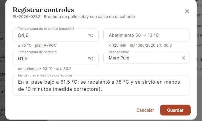 Registrar los controles de una elaboración (sin guardar).