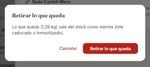 Retirar lo que queda de un lote caducado: la confirmación, antes de aceptarla.