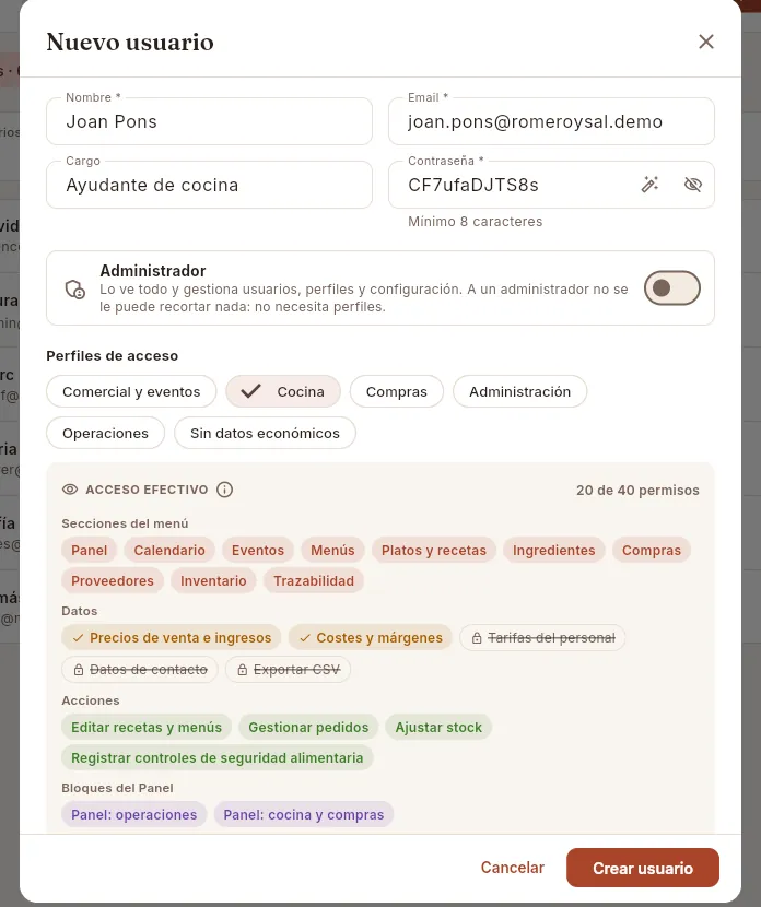 El alta de un usuario con el perfil Cocina: el recuadro Acceso efectivo muestra lo que podrá ver y hacer.