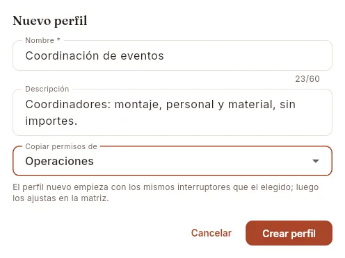 Un perfil nuevo que parte de los permisos de otro.
